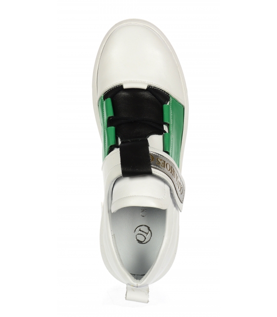 Stylish white leather sneakers with green and black element and silver strap Olivia 7144
