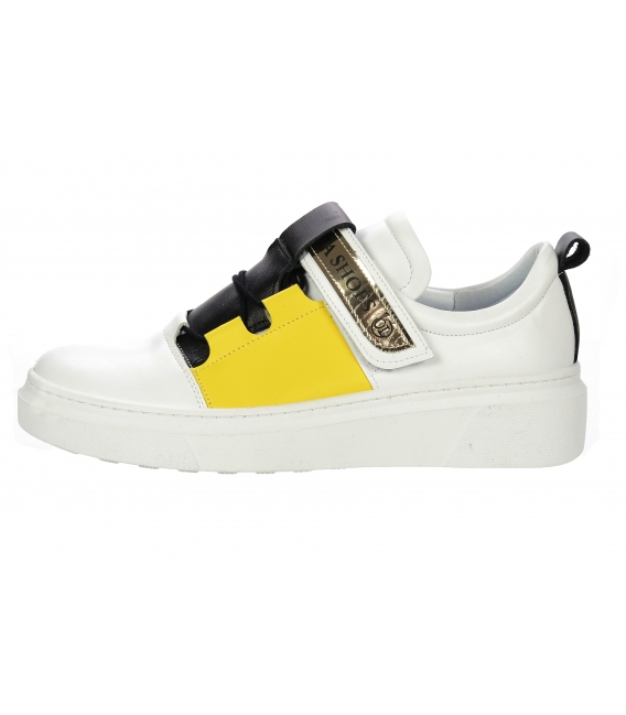 Stylish white leather sneakers with yellow and black element and silver strap Olivia 7144