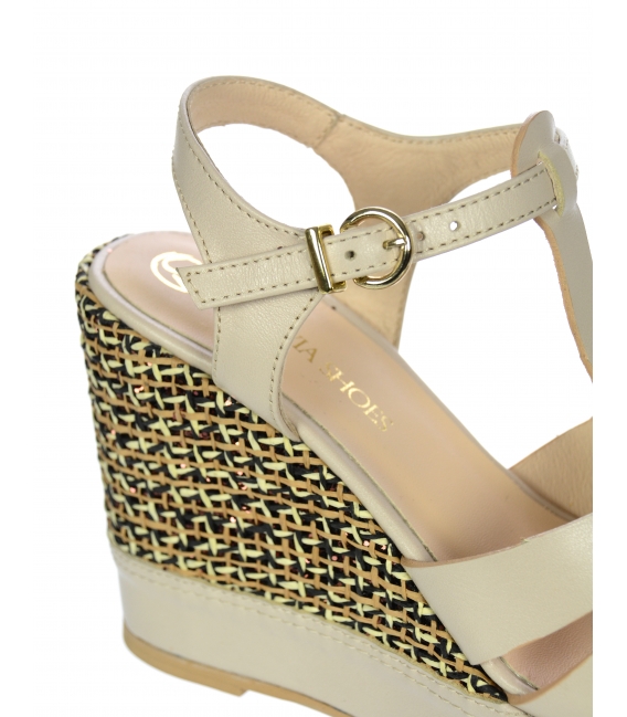 Beige strap leather sandals on a decorated wedge heel 2342