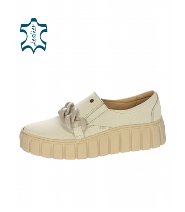 Beige leather sneakers with beige braided decoration on the sole Rosella DTE3504