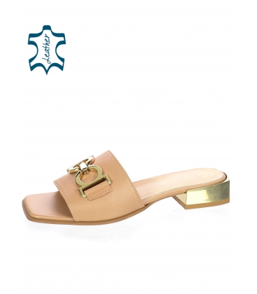 Pale brown leather slippers with stylish low heel and gold trim DSL2316