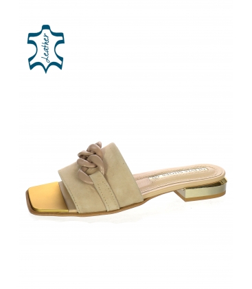 Cut leather cappuccino slippers with stylish low heel and beige decoration DSL2316