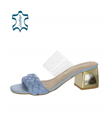 Pale blue leather braided slippers with translucent hem and gold heel DSL2310