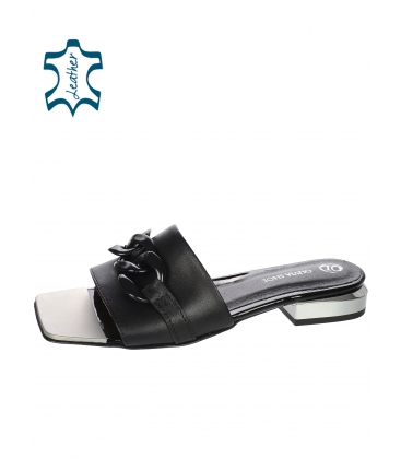 Black leather slippers with stylish low heel and black decoration DSL2316 