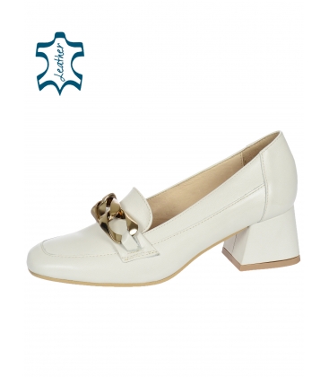 White-gray leather heeled shoes with with gold decoration 2346