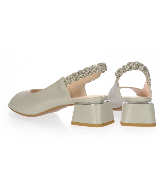 White-gray leather sandals on the lower heel with intertwined stone decoration 2372