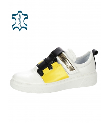 Stylish white leather sneakers with yellow and black element and silver strap OLIVIA 7144