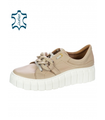 Beige leather sneakers with beige braided decoration and gold ribbon OLIVIA on the sole Rosella 7125