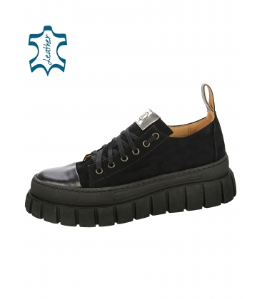 Black sneakers made of brushed leather with a smooth leather element on the toe on the sole ZUMA 7139