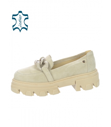 Cappuccino extravagant low-leather shoes with chain DBA2308 