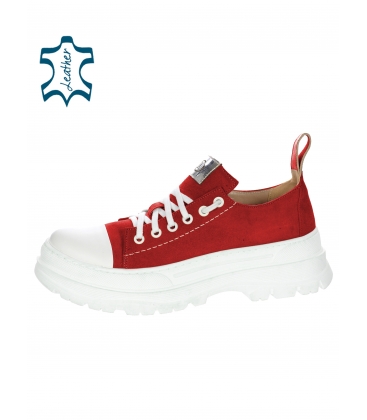 Red sneakers made of brushed leather on a high sports sole AGA 7147