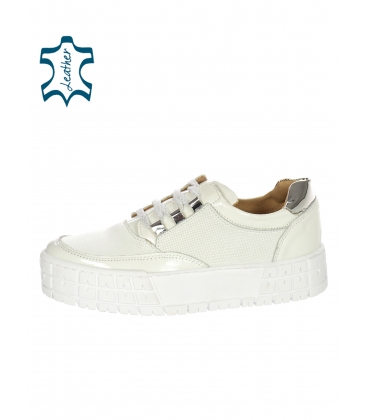 White-silver leather sneakers with patterned material on the sole HANZA DTE2118