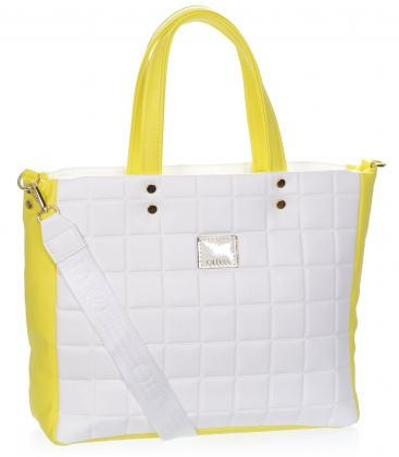 Large white-yellow handbag with a pattern and gold ANDREA applications