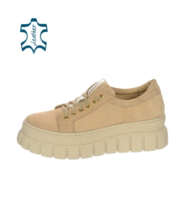 Beige sneakers made of cut leather decorated with a gold OLIVIA belt on the sole ZUMA DTE3298