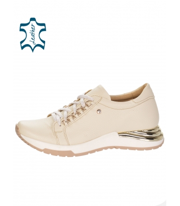 Beige leather sneakers with gold decoration on the Flama sole DTE3500