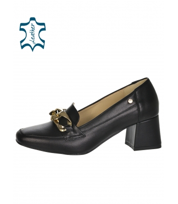 Black leather heeled shoes with gold trim DLO2329
