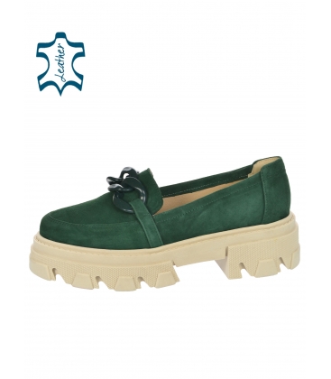 Green extravagant low leather shoes with chain DBA2308 