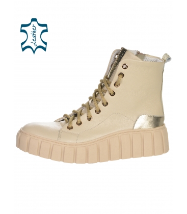 Beige ankle leather ankle sneakers decorated with gold elements on the Rosella sole 7673 