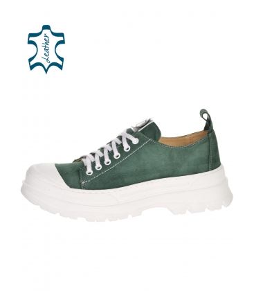 Green sneakers made of brushed leather on a high sports sole AGA 7147