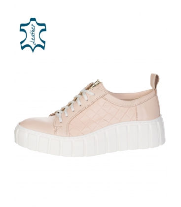 Pink leather sneakers with beige braided decoration and gold ribbon OLIVIA on the sole Rosella 7125