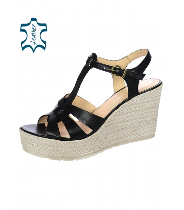 Black strap leather sandals on a decorated wedge heel 2342