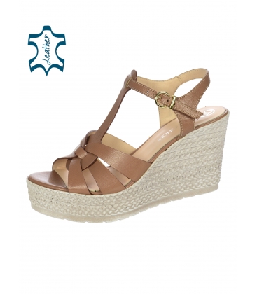 Brown strap leather sandals on a decorated wedge heel 2342