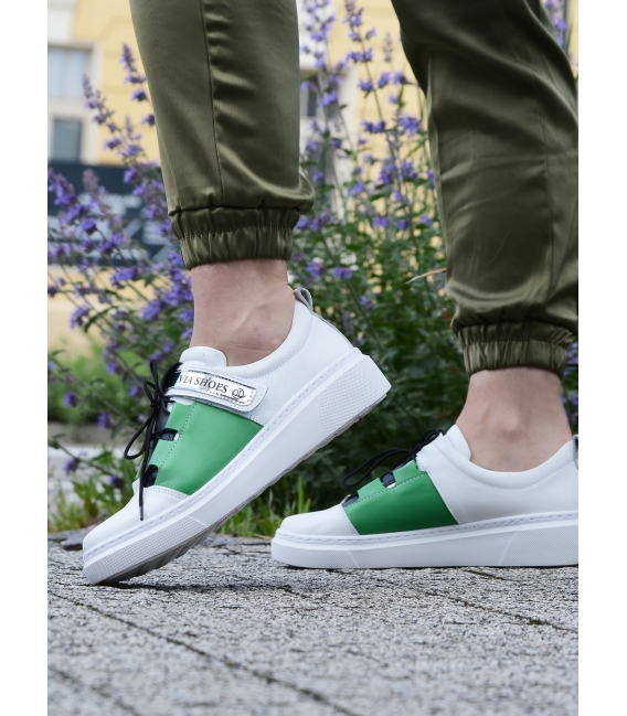 Stylish white leather sneakers with green and black element and silver stripe OLIVIA 7144