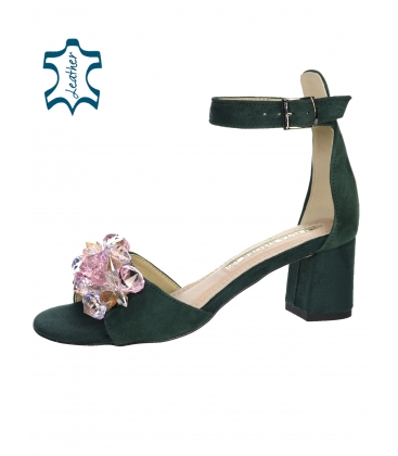 Green women's sandals on a thick heel with a yellow decoration DSA036