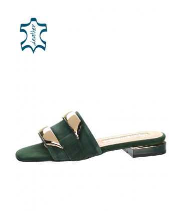 Green low-heeled shoes with gold decoration DSL2313