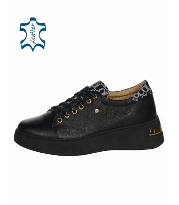 Black leather sneakers with OL monogram on the tongue and heel on a black-gold sole HOGA DTE042