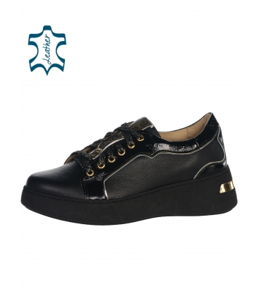 Black leather sneakers with gold details on a black-gold sole HOGA DTE044