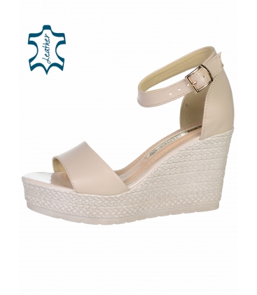 Bége simple leather sandals on a decorated wedge heel 2339