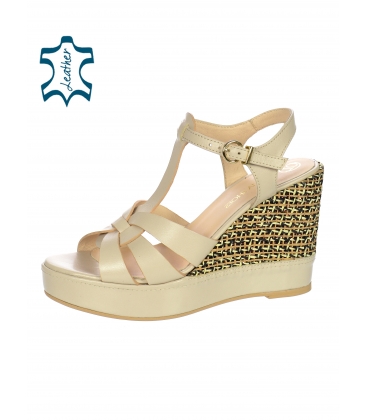 Beige strap leather sandals on a decorated wedge heel 2342