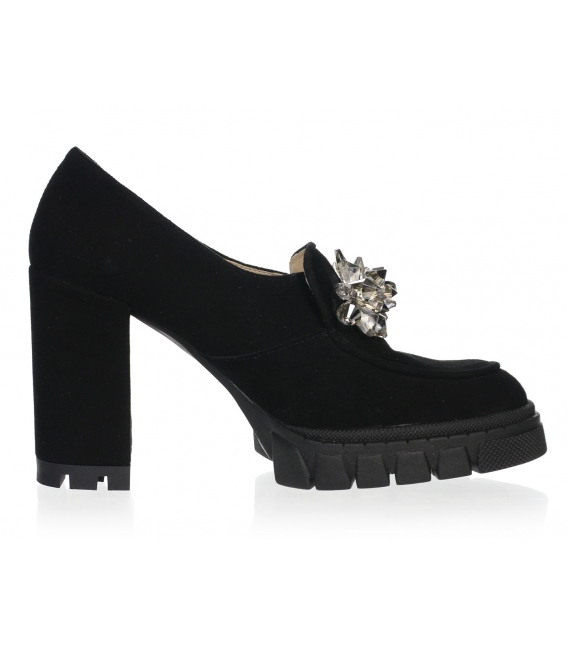 Black low-heeled shoes with stone leather and stone decoration DLO2344