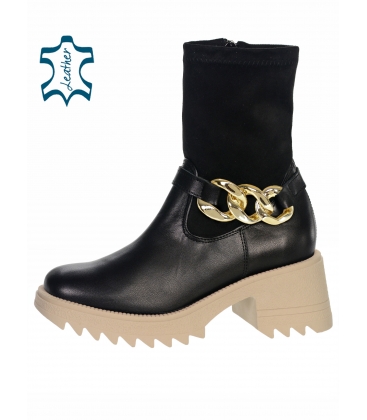 Black ankle combined boots with decoration on the beige sole DKO2341