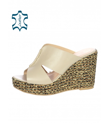 Beige leather slippers on a decorated wedge heel 2233