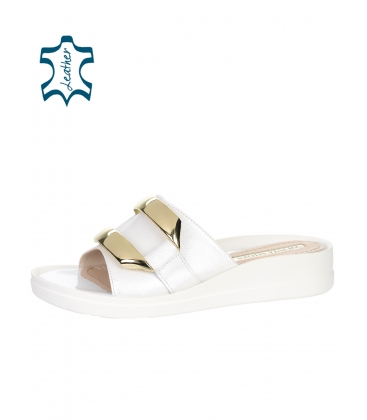 Pearl leather slippers on a white sole with gold decoration DSL2306
