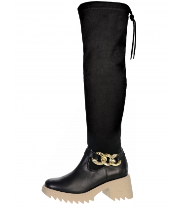 Black high elastic boots on a beige sole DKO2341-1