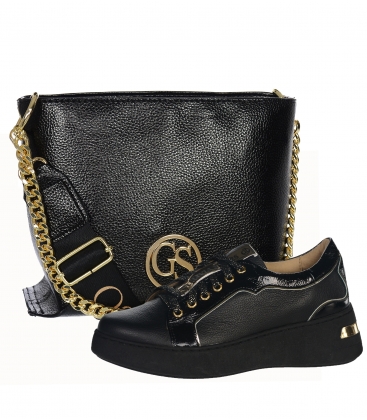 Discounted set of black leather sneakers with gold details on the sole HOGA DTE044 + black handbag KAREN