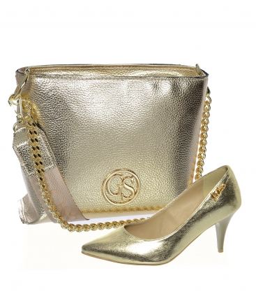 Discounted set of gold leather pumps with a low heel 032 + gold KAREN handbag