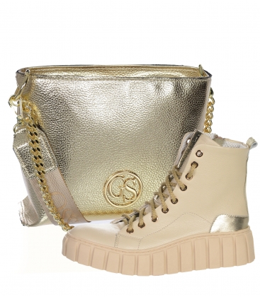 Discounted set of beige ankle sneakers made of brushed leather soles Rosella 7673 + gold handbag KAREN
