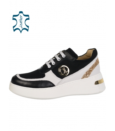 Black and white leather sneakers with gold brocade heel on a white-gold sole HOGA DTE043