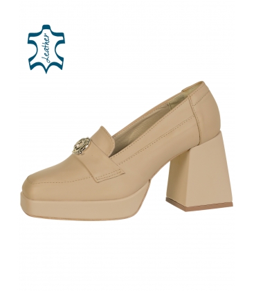 Beige leather high-heeled shoes with gold decoration OL DLO2350