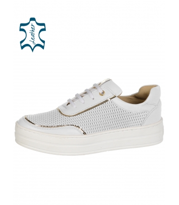White leather sneakers with a fine pattern and gold trim DTE030 white lico +gold chandelier +spud