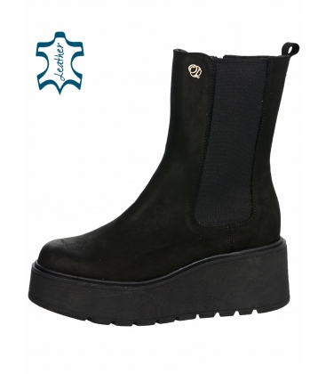 Black leather platform ankle boots with zipper 1658 black nubuck + spud anica