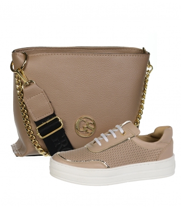 Beige leather sneakers with a delicate pattern and gold trim DTE030 beige + Karen handbag
