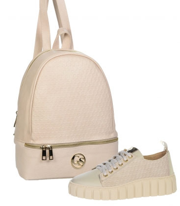 Discounted set of beige leather sneakers with print - 7142 Rosella+backpack AMANDA beige