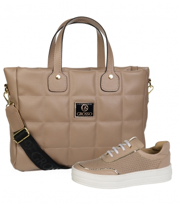 Discounted set of beige leather sneakers with a delicate pattern DTE030 beige + IVANA handbag