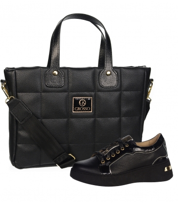 Discounted set of black leather sneakers with gold details DTE044 + Black IVANA handbag