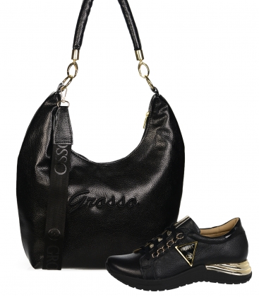 Discounted set of black leather sneakers with the inscription OLIVIA DTE3500 + handbag black AISHA